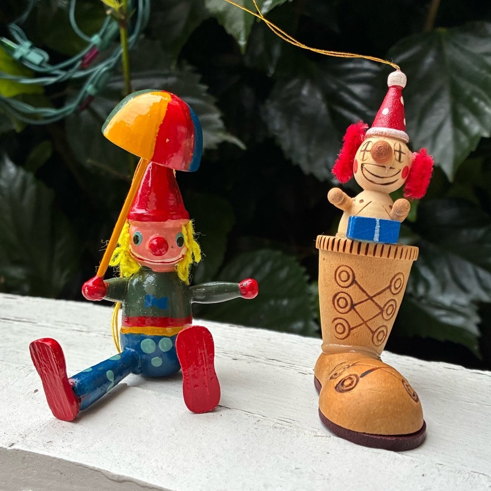 Vintage German Wooden Clown Christmas Ornaments!